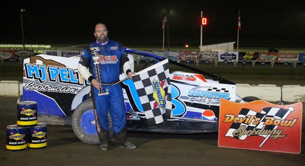 Frank Hoard III celebrates his Sportsman Modified win at Devil's Bowl Speedway on Saturday. (Barry Snelling photo)