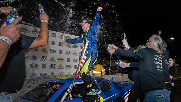 Matt Erickson triumphed in the Nut Up Pro Late Model Series at Madera Speedway on Saturday. (Jason Wedehase Photo)