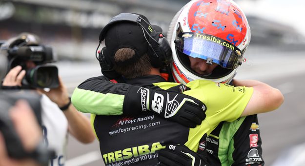 Charlie Kimball hugs one of his crew members after failing to qualify for the Indianapolis 500. (IndyCar Photo)