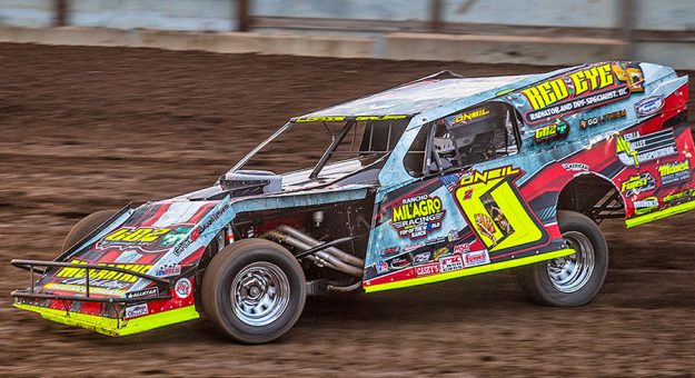 Jake O’Neil on his way to victory Friday at Rapid Speedway. (Tyler Rinken Photo)