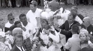A.J. Foyt in victory lane after the 1961 Indianapolis 500. (IMS Archives Photo)