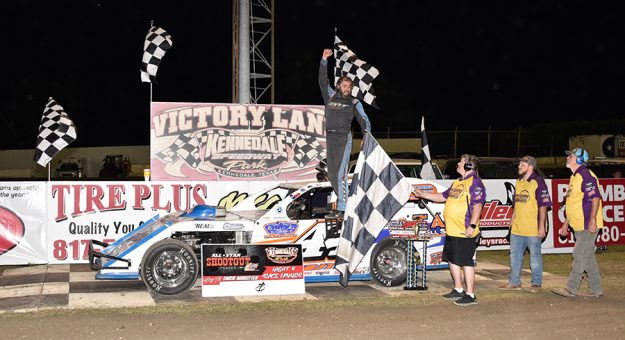 Fred Wojtek’s first IMCA Modified win of the season and first win at Kennedale Speedway Park came on Saturday night, in the fourth installment of the All Star Shootout. (Debbie Hix Photo)