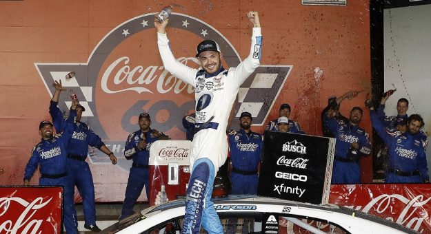 #5: Kyle Larson, Hendrick Motorsports, Chevrolet Camaro MetroTech celebrates after winning the NASCAR Cup Series Coca-Cola 600 at Charlotte Motor Speedway in Concord, N.C., May 30, 2021.  (HHP/Harold Hinson)
