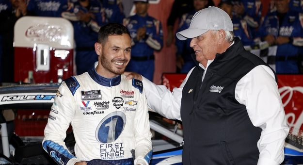 CONCORD, NORTH CAROLINA - MAY 30: Kyle Larson, driver of the #5 Metro Tech Chevrolet, and NASCAR Hall of Famer and team owner Rick Hendrick celebrate in victory lane after winning the NASCAR Cup Series Coca-Cola 600, Hendrick Motorsports' 269th Cup Series win, the most in NASCAR at Charlotte Motor Speedway on May 30, 2021 in Concord, North Carolina. (Photo by Maddie Meyer/Getty Images) | Getty Images