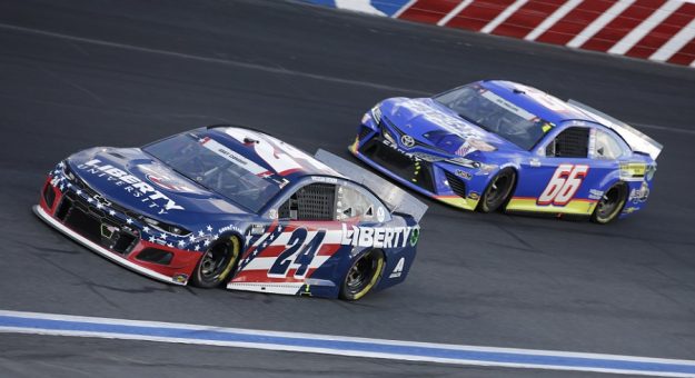 #24: William Byron, Hendrick Motorsports, Chevrolet Camaro Liberty University leads #66: David Starr, Motorsports Business Management. Ford Mustang Crash Claims during the NASCAR Cup Series Coca-Cola 600 at Charlotte Motor Speedway in Concord, N.C., May 30, 2021.  (HHP/Alan Marler)