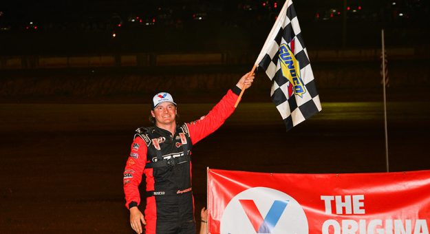 Cory Hedgecock celebrates his victory Saturday at I-75 Raceway. (Michael Moats Photo)