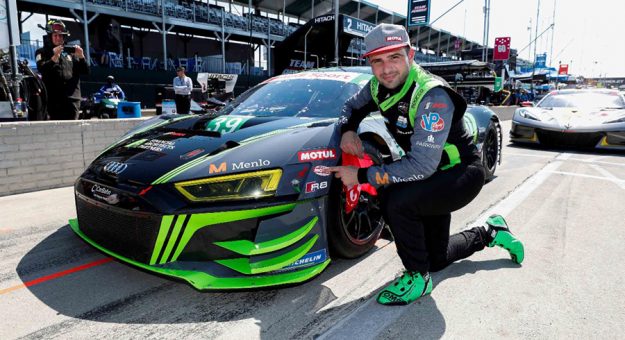 Richard Heistand put his No. 39 CarBahn with Peregrine Racing Audi R8 LMS GT3 on the GT Daytona pole in Detroit on Friday. (IMSA Photo)