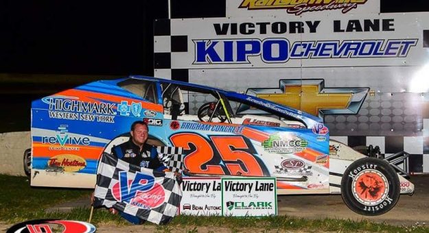 Erick Rudolph in victory lane Friday at Ransomville Speedway. (Tom Stevens Photo)