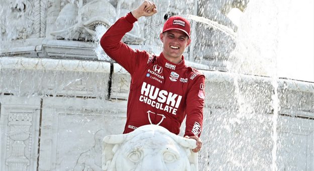Marcus Ericsson celebrates in the fountain in Belle Isle Park after his first NTT IndyCar Series victory. (Al Steinberg Photo)