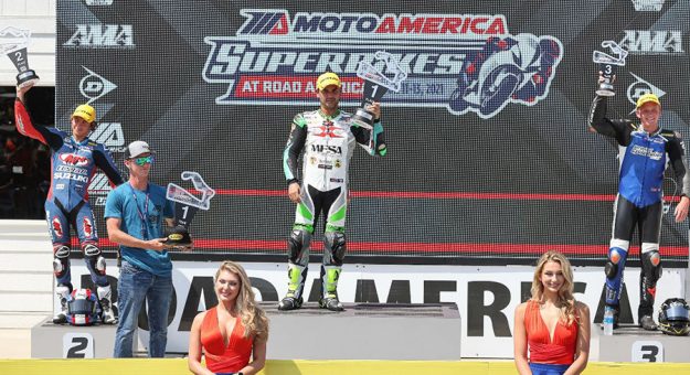 Fresh faces on the Supersport podium: (From left to right) Sam Lochoff, Stefano Mesa and Benjamin Smith. (Brian J. Nelson Photo)