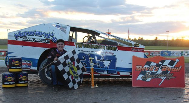 Marty Kelly III in victory lane Saturday at Devil's Bowl Speedway. (Barry Snelling Photo)