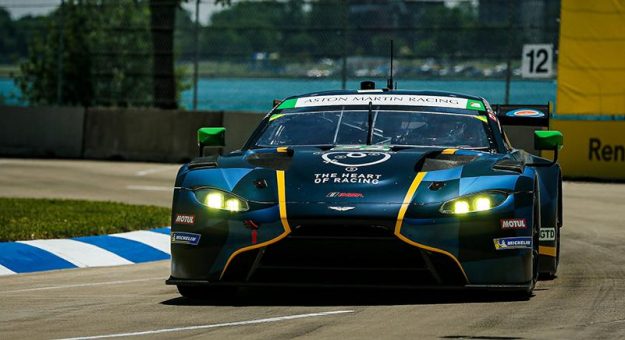 The No. 23 Heart of Racing Team Aston Martin Vantage GT3 shared by Ross Gunn and Roman De Angelis were awarded the GT Daytona victory Saturday in Detroit, Mich. (IMSA Photo)