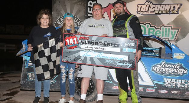 Johnny Whitman took $10,000 to the bank after taking the IMCA Modified Clash at the Creek checkers Thursday night at 141 Speedway. (Dan Lewis Photography Photo)