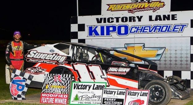 James Sweeting in victory lane Friday at Ransomville Speedway. (Tom Stevens Photo)