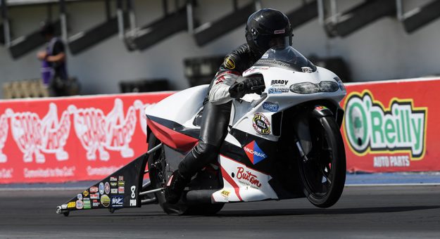 Steve Johnson is the most recent NHRA Pro Stock Motorcycle winner. He'll try to win again this weekend in Norwalk, Ohio. (NHRA Photo)