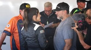 Tony Stewart giving pre-race advice to Hailee Deegan  prior to the SRX at Knoxville at Knoxville in Knoxville, Iowa.