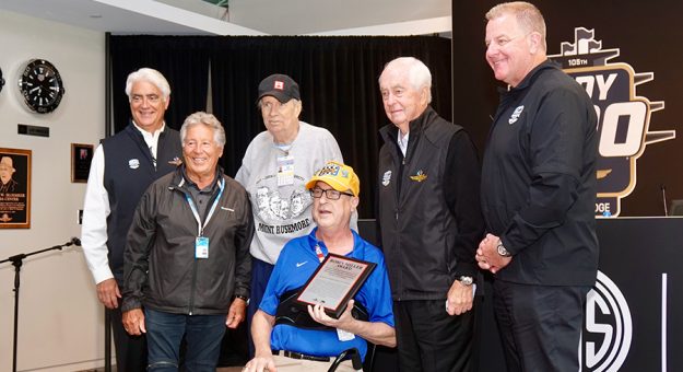 Bob Jenkins receiving the Robin Miller Award at Indianapolis Motor Speedway in May. (IMS Photo)
