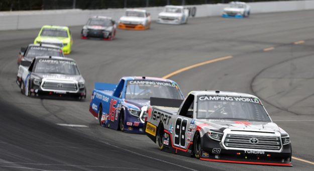 LONG POND, PENNSYLVANIA - JUNE 26: Christian Eckes, driver of the #98 Toyota, leads the field during the NASCAR Camping World Truck Series CRC Brakleen 150 at Pocono Raceway on June 26, 2021 in Long Pond, Pennsylvania. (Photo by James Gilbert/Getty Images)