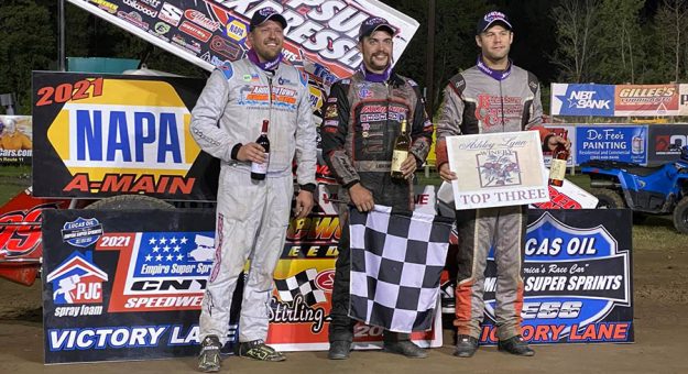 Larry Wight (center) won Friday's Lucas Oil Empire Super Sprint feature at Brewerton Speedway.