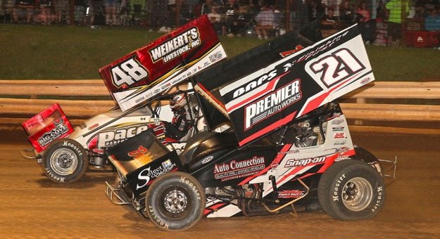 Danny Dietrich (48) races around the outside of Matt Campbell Friday at Williams Grove Spedway. (Dan Demarco Photo)