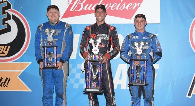 Justin Henderson (center), Cory Eliason (right) and Eric Bridger (left) were winners Saturday at Knoxville Raceway.