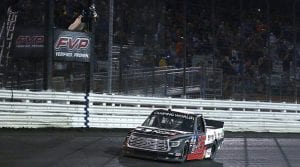 Austin Hill crosses the finish line to win Friday's Corn Belt 150 at Knoxville Raceway. (Toyota Racing Photo)