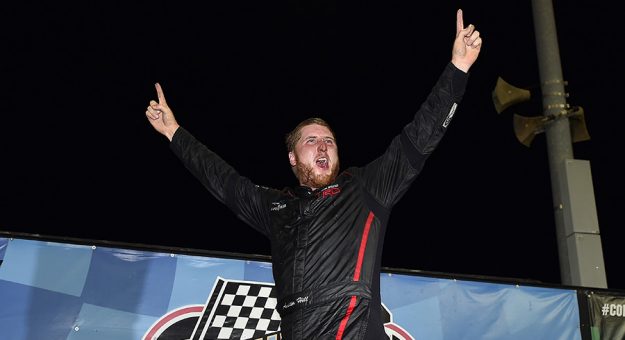 Austin Hill celebrates after winning the Corn Belt 150 Friday at Knoxville Raceway. (Toyota Racing Photo)