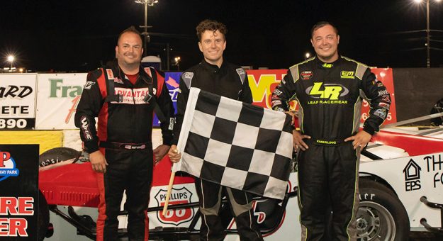 Andy Jankowiak (center) outran Patrick Emerling (right) and Scott Wylie (left) to win the Ol' Boy Cup 60 Saturday at New York Int'l Raceway at Lancaster. (Kristen Ruble Photo)