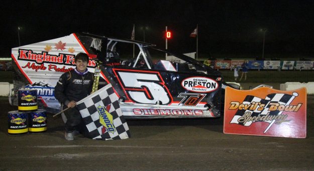 Tanner Siemons celebrates his first Sportsman Modified win at Devil's Bowl Speedway, which came in the Mid-Season Championships event. (Barry Snelling photo)