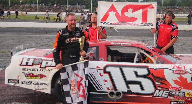 Mike Hopkins won Sunday's American-Canadian Tour feature at Oxford Plains Speedway. (Daniel Holben Photo)