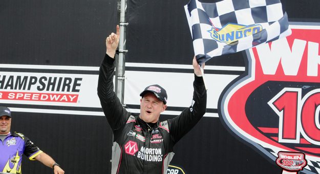 Ryan Preece celebrates after winning Saturday's NASCAR Whelen Modified Tour race at New Hampshire Motor Speedway. (Dave Moulthrop Photo)
