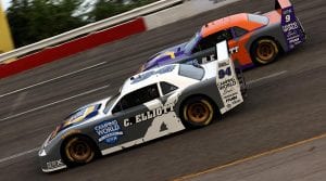 Chase Elliott (94) races to the inside of his father Bill Elliott Saturday night at Nashville Fairgrounds Speedway. (Dylan Buell/SRX via Getty Images Photo)