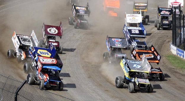 The field battles for position at the start of the 38th Kings Royal Saturday afternoon at Eldora Speedway. (Frank Smith Photo)