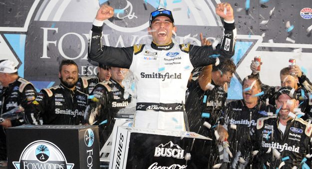 Aric Almirola celebrates after winning Sunday's NASCAR Cup Series race at New Hampshire Motor Speedway. (Dave Moulthrop Photo)