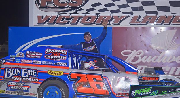 Joel Rust was the $2,000 IMCA Modified winner of Wednesday’s inaugural Rage Chassis 40 at Fayette County Speedway. (Zakary Kriener Photo)