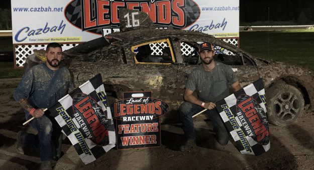 Alex Archer (left) and Jordan Bauer (right) in victory lane at Land of Legends Raceway. (Steve Ovens Photo)