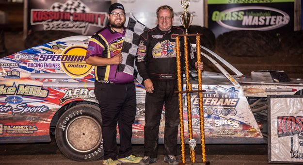 Kelly Shryock’s fifth IMCA Modified feature win of the season at Kossuth County Speedway came during the IMCA Speedweek Denny Hovinga/Gary Harken Memorial event. (Jim Steffens Photo)