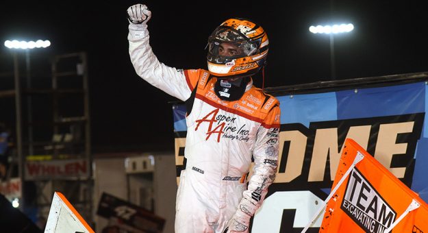 Gio Scelzi celebrates in victory lane Friday at Knoxville Raceway. (Paul Arch Photo)