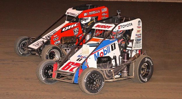 Buddy Kofoid (67) has been racing injured, but still leads the USAC NOS Energy Drink National Midget Series standings. (Dan Demarco Photo)