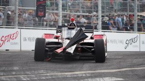 Marcus Ericsson's car sustained major damage from the crash on lap five with Sebastien Bourdais, but somehow managed to come back to win the Music City Grand Prix. (Jason Reasin Photo)