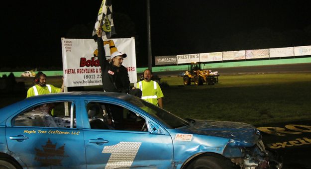 George Hoyt climbs out of his car after winning the 37th Bolduc Metal Recycling Enduro 200 at Thunder Road on Sunday, August 8. (Alan Ward)