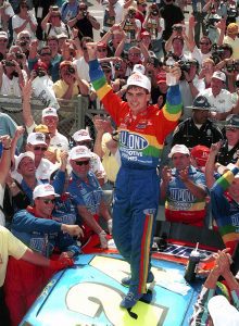 Jeff Gordon celebrates after winning the inaugural Brickyard 400 in 1994. (Dozier Mobley/Getty Images)