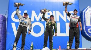 (From left) John Force, Brittany Force and Dallas Glenn were winners in NHRA Camping World Drag Racing Series action Sunday at Heartland Motorsports Park. (NHRA Photo)