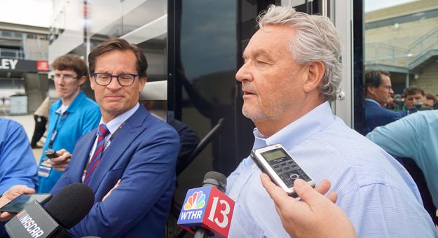 Indianapolis Motor Speedway President Doug Boles (left) and NASCAR Senior Vice President of Competition Scott Miller (right) addressed the media after the chaotic end to Sunday's NASCAR Cup Series race. (Bruce Martin Photo)