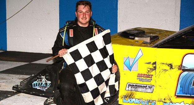 Jaden Cretacci won the 75-lap feature race for outlaw-style late model stock cars at Indiana’s South Bend Motor Speedway Saturday night. (Stan Kalwasinski Photo)