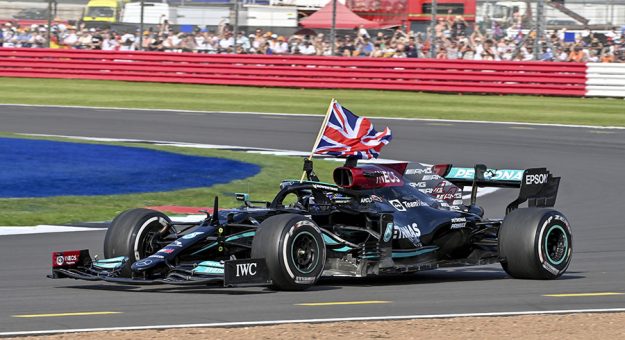 Lewis Hamilton celebrates his victory in the British Grand Prix. (Mercedes Photo)