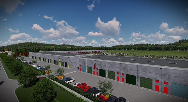 An artist rendering of the Pacific Innovation Center and Motorsports Park Garages.