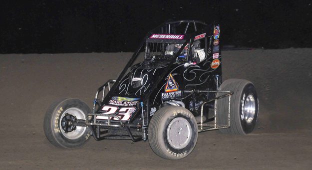 Thomas Meseraull triumphed in the first of two non-winged sprint car features Friday at Gas City I-69 Speedway. (Randy Crist Photo)