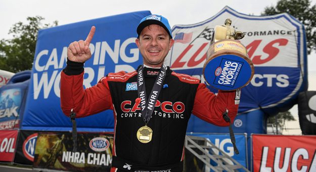 Steve Torrence won in the Top Fuel class at the Lucas Oil NHRA Nationals. (NHRA Photo)