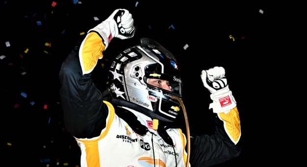 Josef Newgarden celebrates his victory Saturday at World Wide Technology Raceway. (Al Steinberg Photo)
